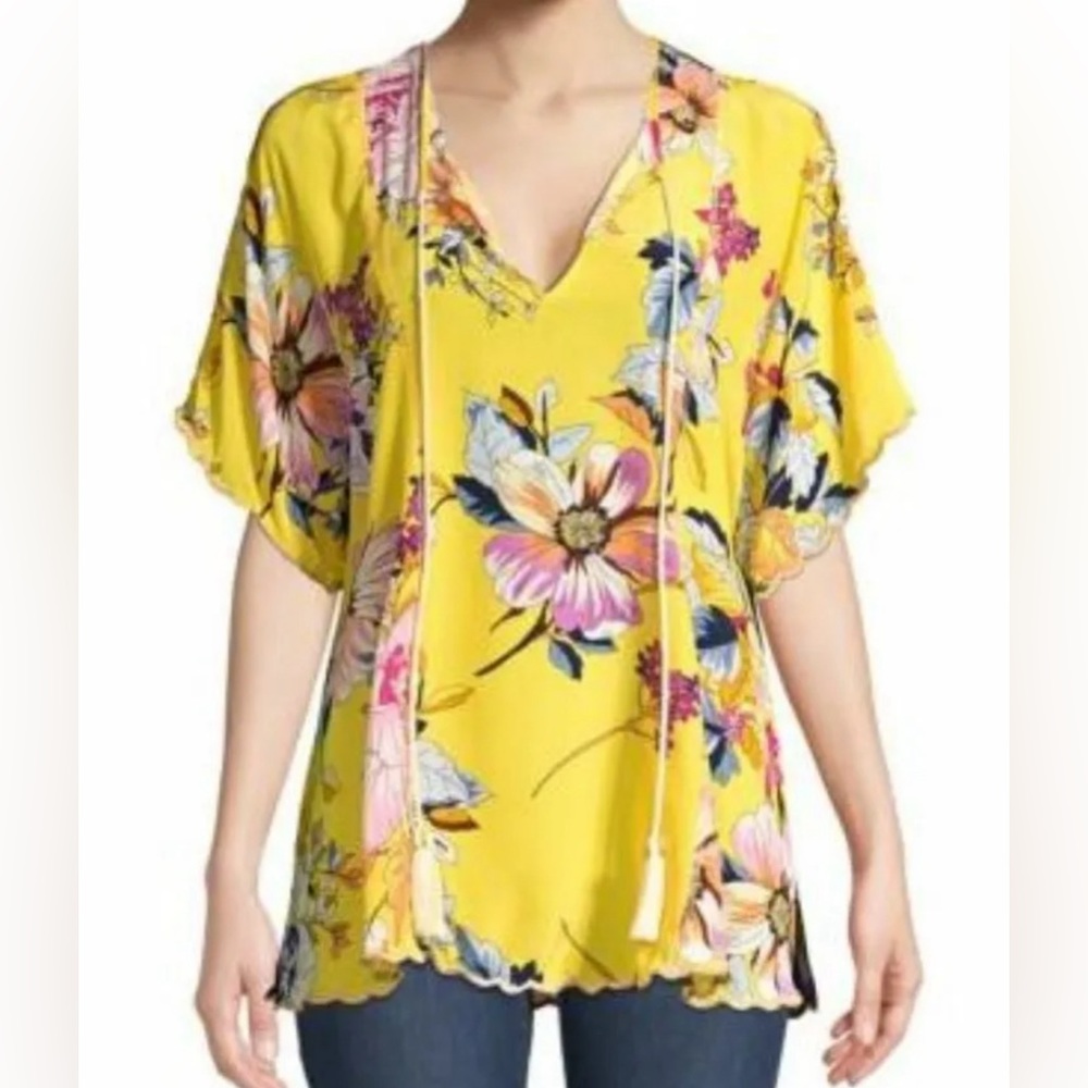 Johnny Was Silk Yellow Floral Print Scalloped Trim Kibo Blouse Medium NWT
